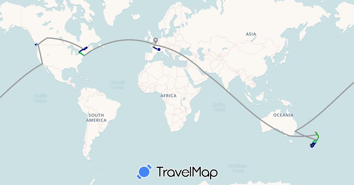 TravelMap itinerary: driving, bus, plane, train, hiking, boat, hitchhiking in United Arab Emirates, Australia, Canada, France, New Zealand, United States (Asia, Europe, North America, Oceania)