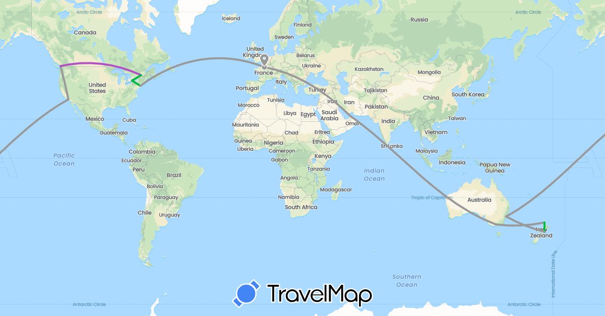 TravelMap itinerary: driving, bus, plane, train in United Arab Emirates, Australia, Canada, France, New Zealand, United States (Asia, Europe, North America, Oceania)